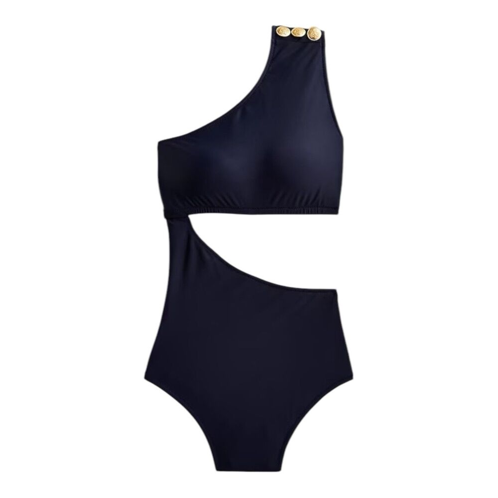 J Crew Cutout One Piece Full Coverage Navy Blue Gold Buttons Swimsuit Size 24